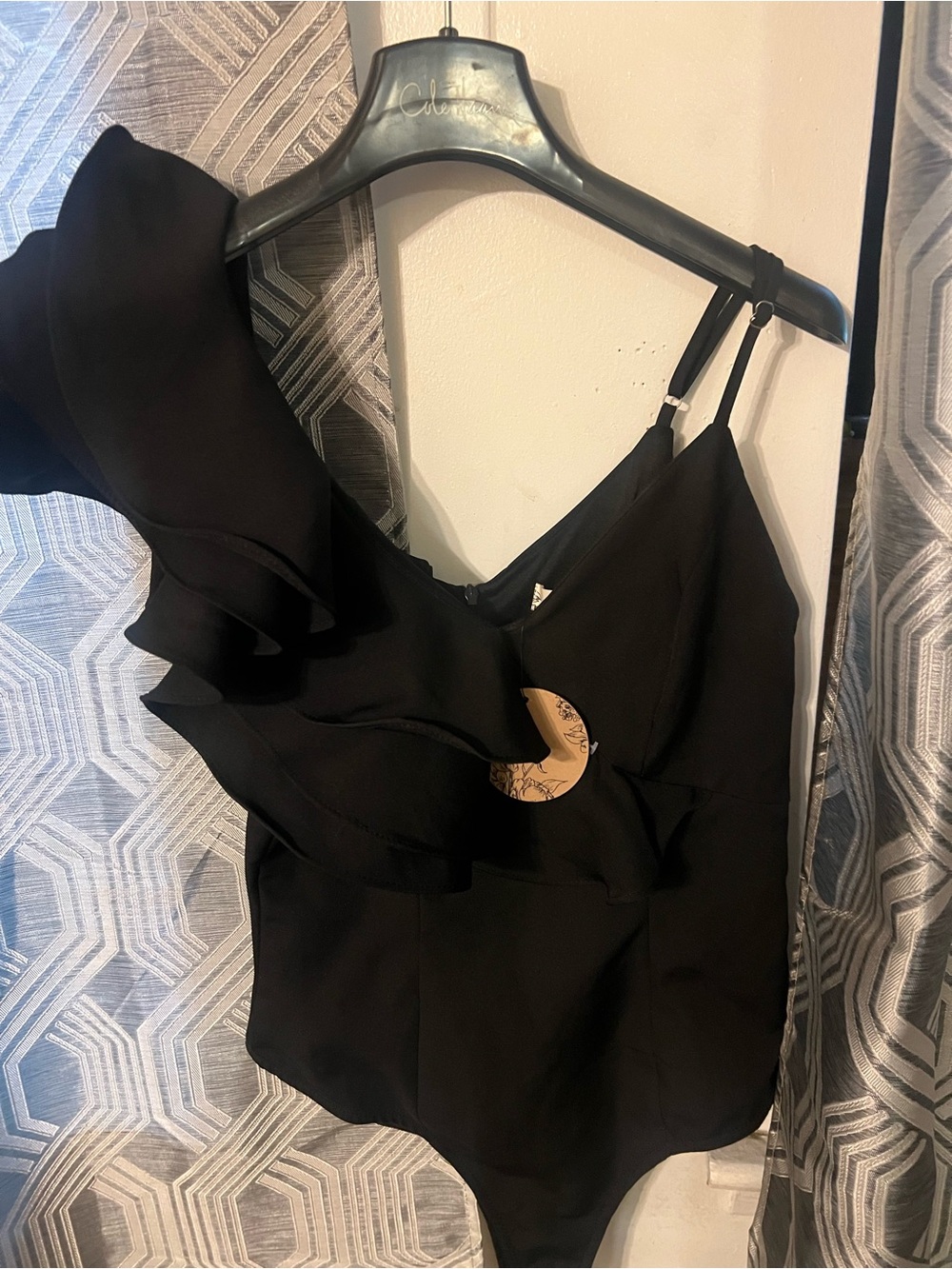 Black One-Shoulder Ruffle Bodysuit - Women